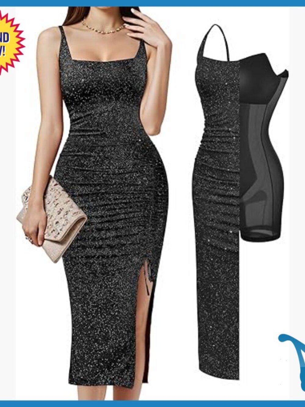 Sparkly Formal Midi Dress with Built-In Shapewear, Square Neck, Side Slit